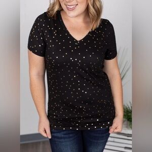 NWT Michelle Mae Olivia Black Short Sleeve Top With Gold Stars size XS